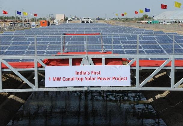 Canal-top solar panels installed above a canal in Gujarat